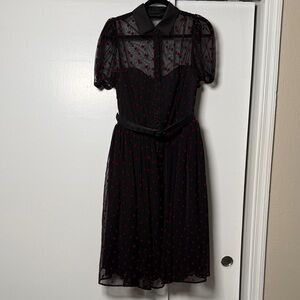 Unique Vintage Black Sheer Midi Dress with Red Polka Hearts